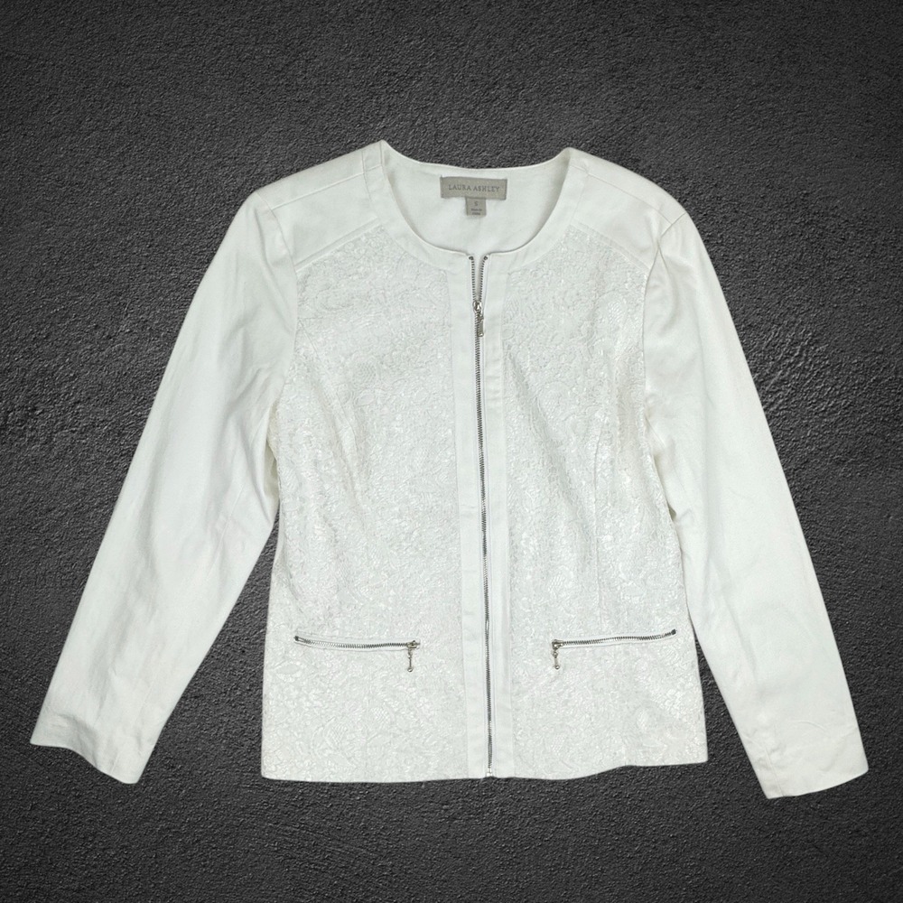 Laura Ashley White Lace Blazer Jacket Women's Small Full Zip Pockets Fully Lined
